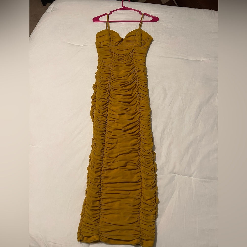 Mustard Yellow Ruched Maxi Dress